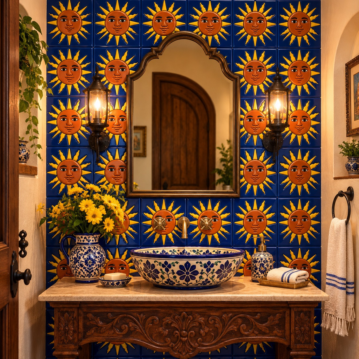 Mexican relief tile with sun face motif featured in a colorful hacienda powder room