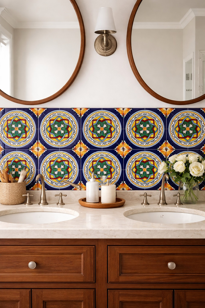 Talavera circular vitral medallion tile used on a bathroom vanity wall adding artisanal color and focal detail