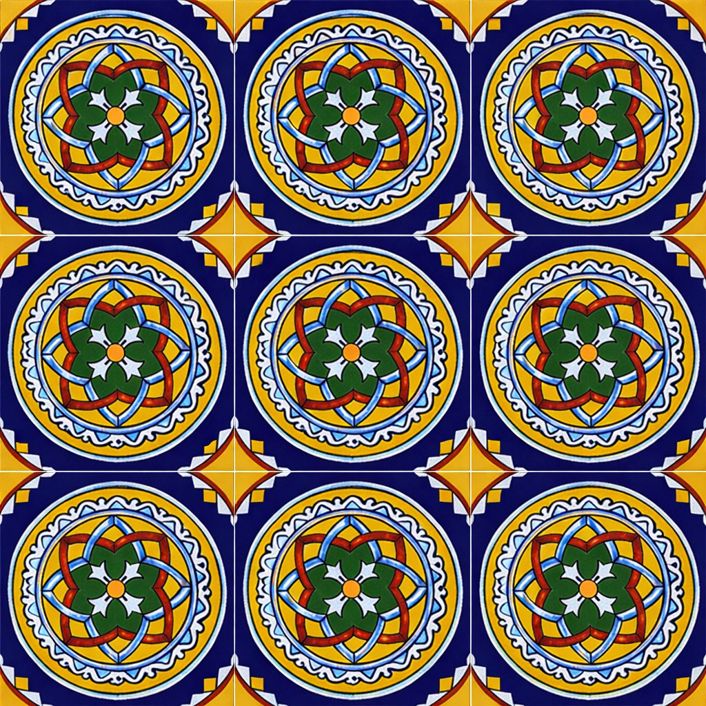 Talavera circular vitral medallion tile shown as a nine tile set with clear grout lines