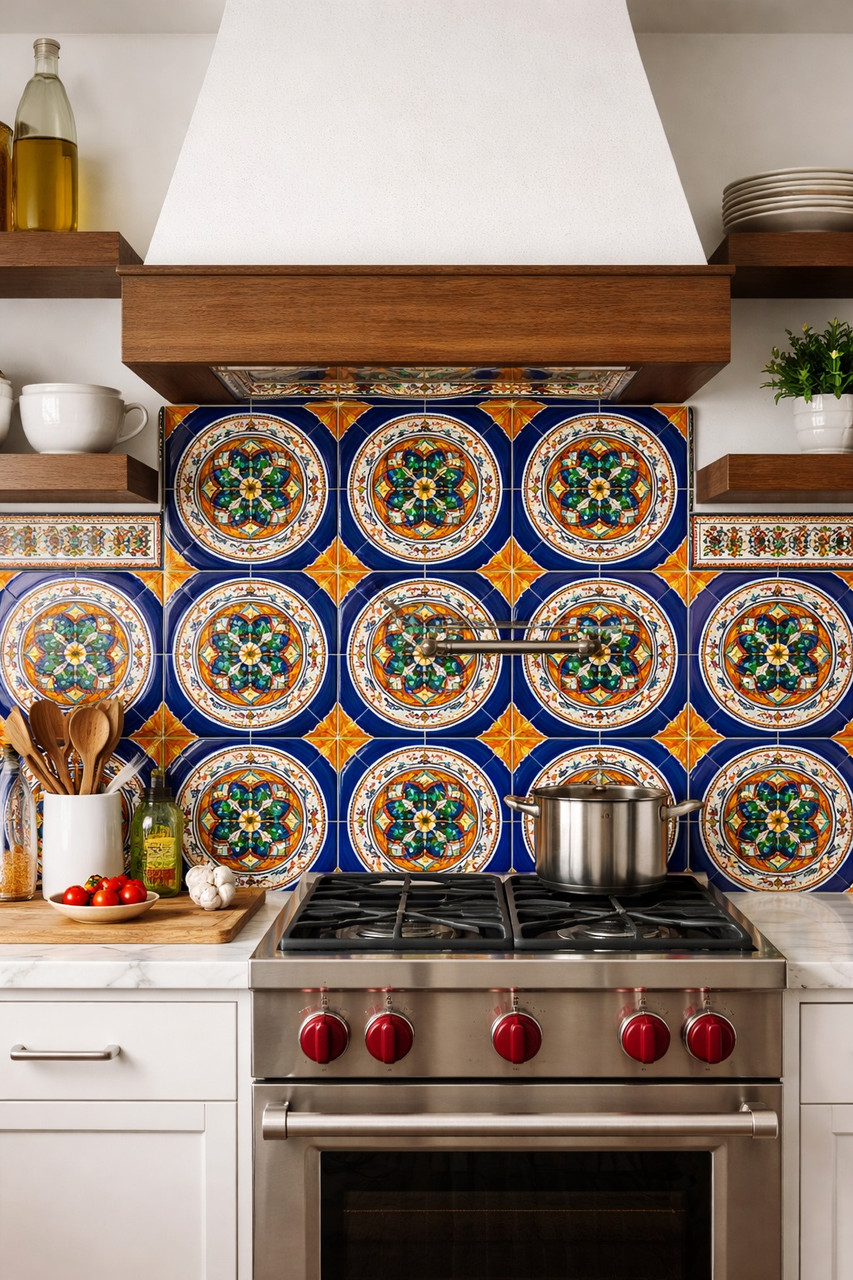 Talavera circular vitral medallion tile installed as a kitchen backsplash with balanced color and classic symmetry