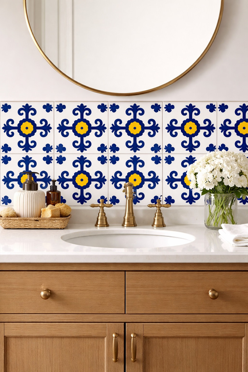 Cobalt cross motif talavera tile installed on a bathroom vanity wall with clean white grout and strong color