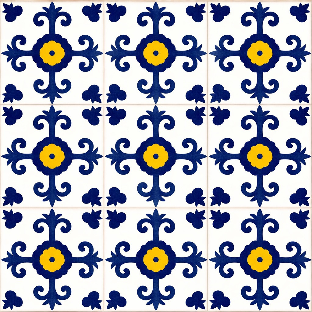 Cobalt cross motif talavera tile nine tile set with crisp grout lines and solid colors