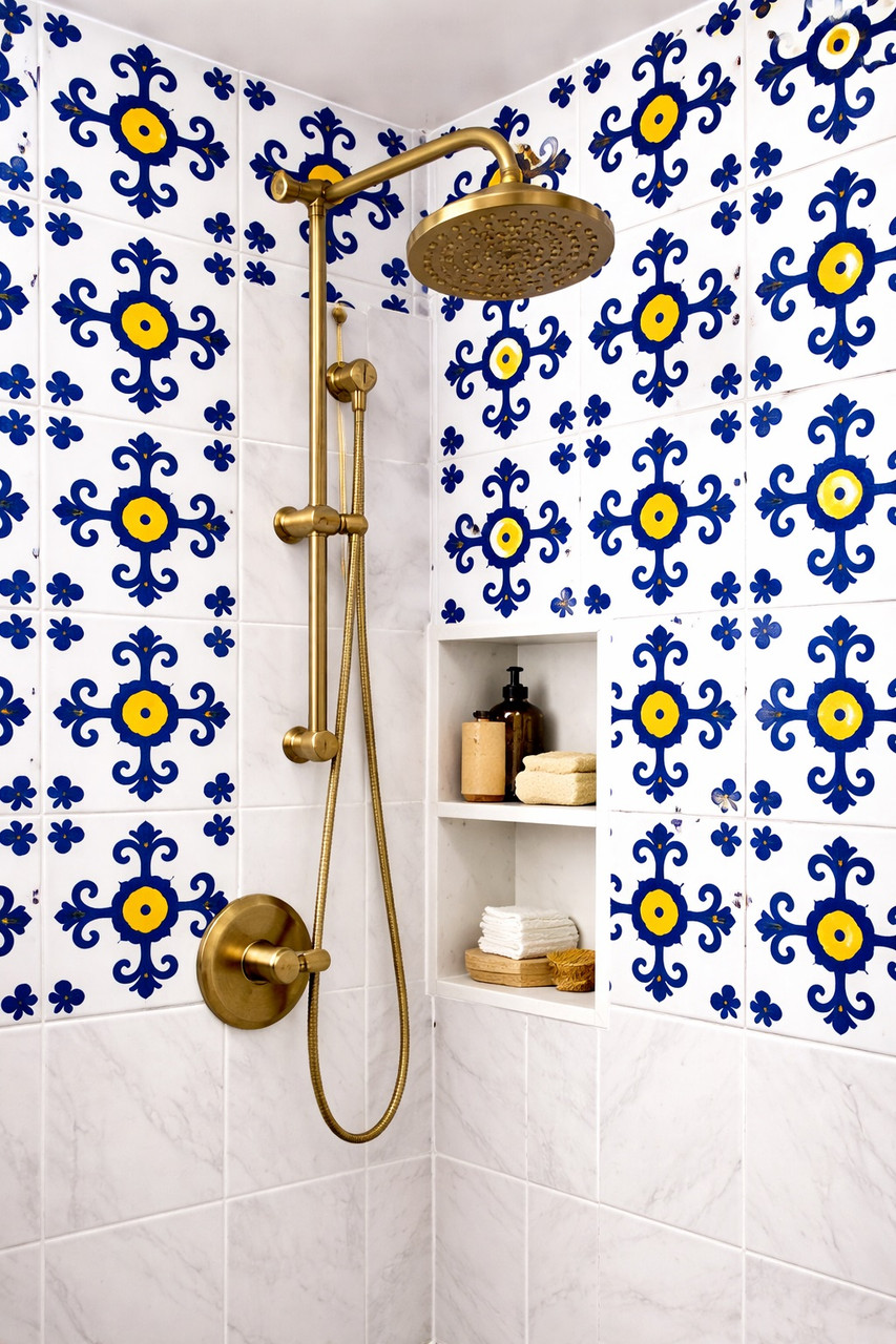 Cobalt cross motif talavera tile creating a striking shower wall with cobalt blue pattern and bright surface