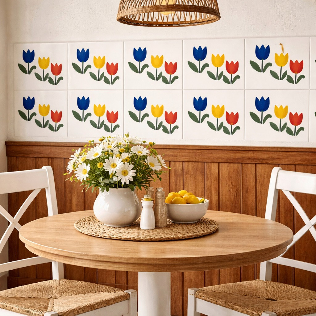 Talavera three tulip mexican tile featured on a dining area accent wall with relaxed artisanal style