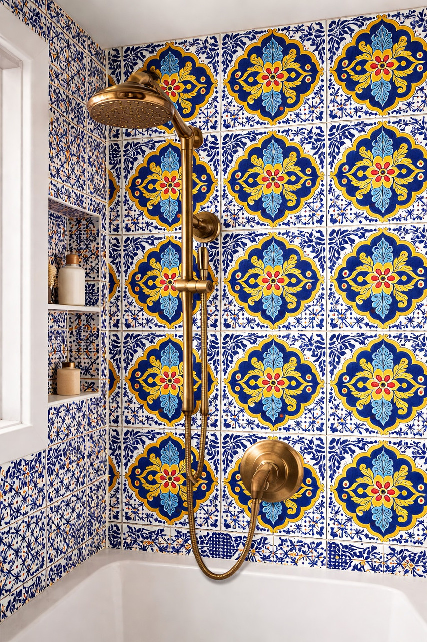 Yellow blue talavera medallion tile applied to a shower wall highlighting symmetry and rich hand painted detail