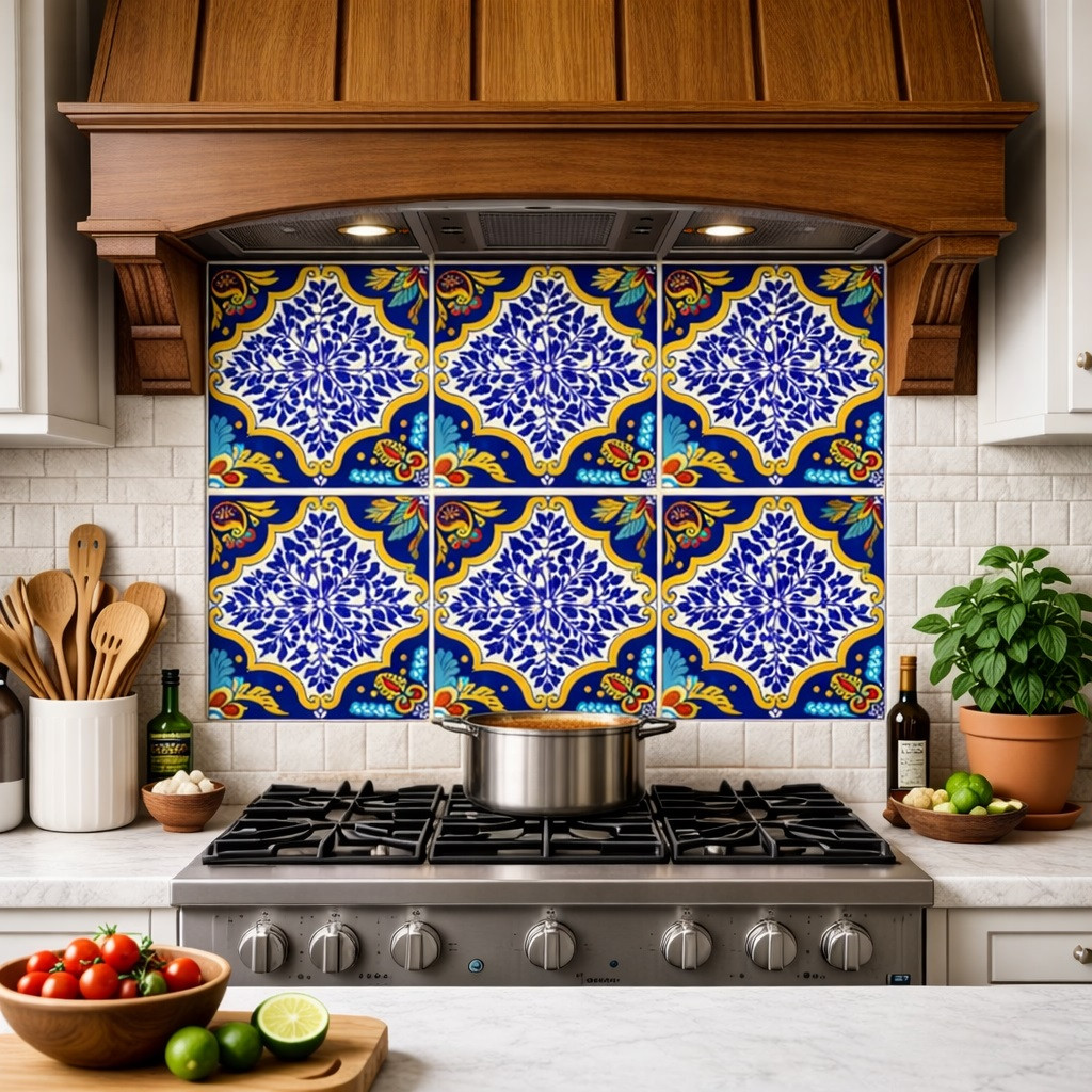 Blue talavera Ffoliage medallion mexican tile installed as kitchen backsplash in Spanish Colonial interior