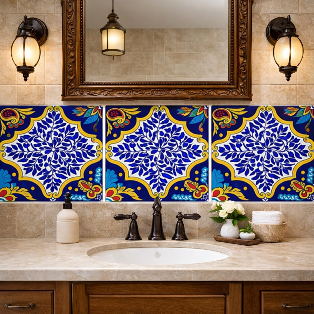 Blue talavera foliage medallion mexican tile featured on bathroom vanity wall in Mediterranean design