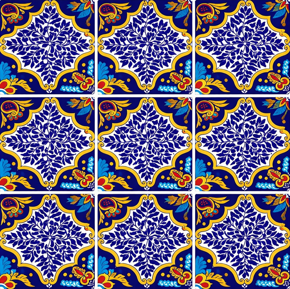 Blue talavera foliage medallion mexican tile nine piece layout with light grout lines