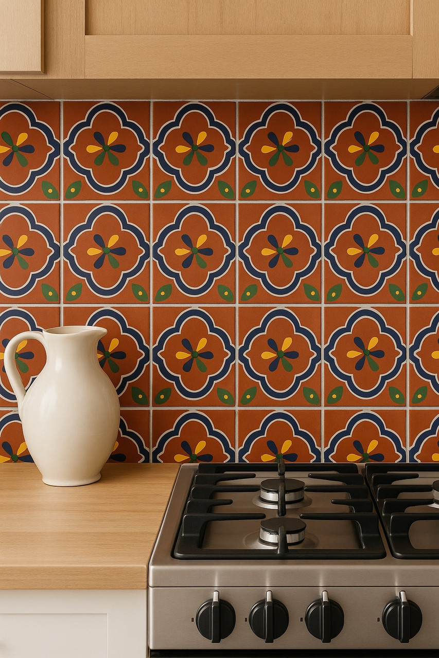 Talavera mexican tile with a floral central accent on a terracotta background installed on a kitchen wall adding rustic warmth with hand-painted floral motif accents