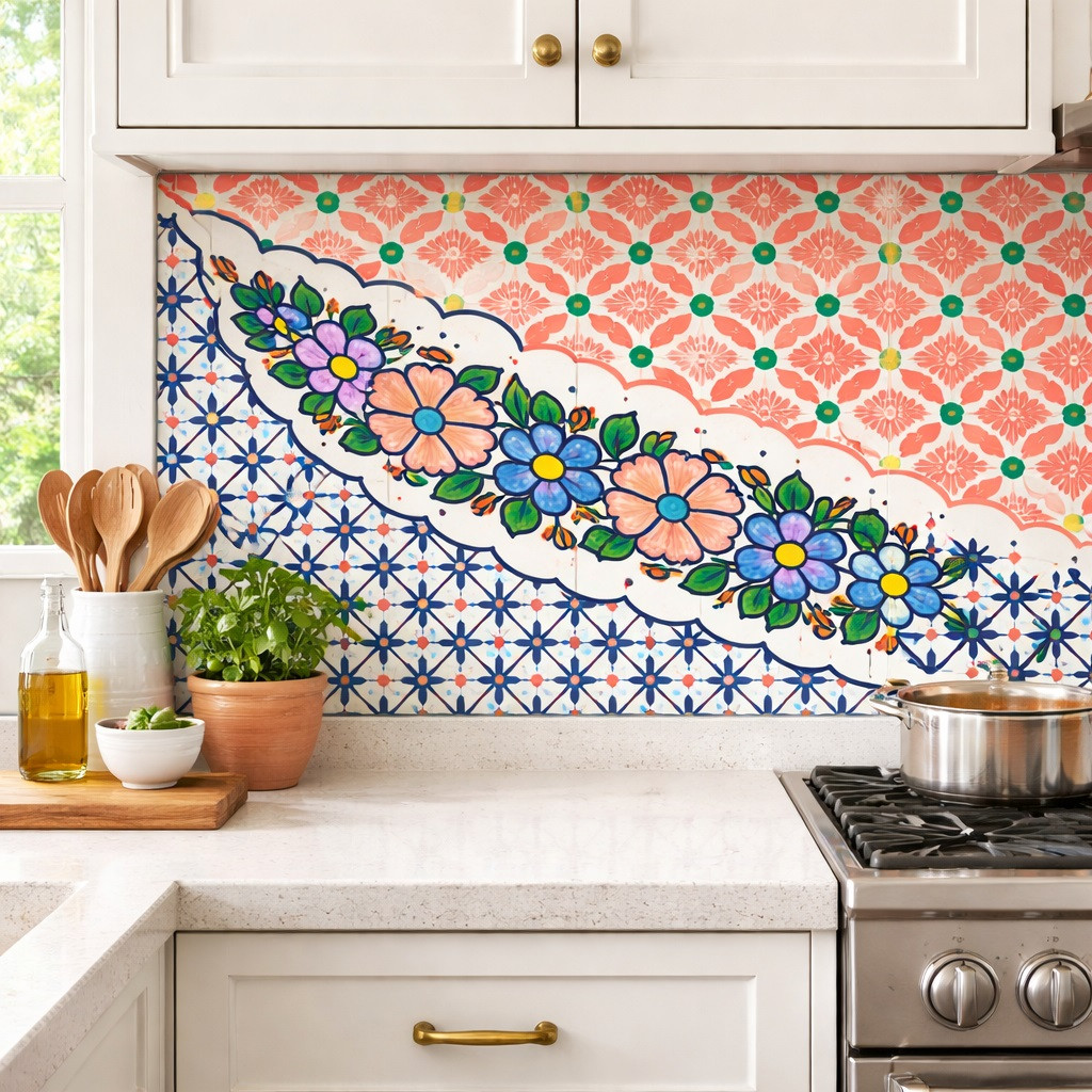Mexican tile diagonal blossom pattern installed as a kitchen backsplash with layered color and crisp definition