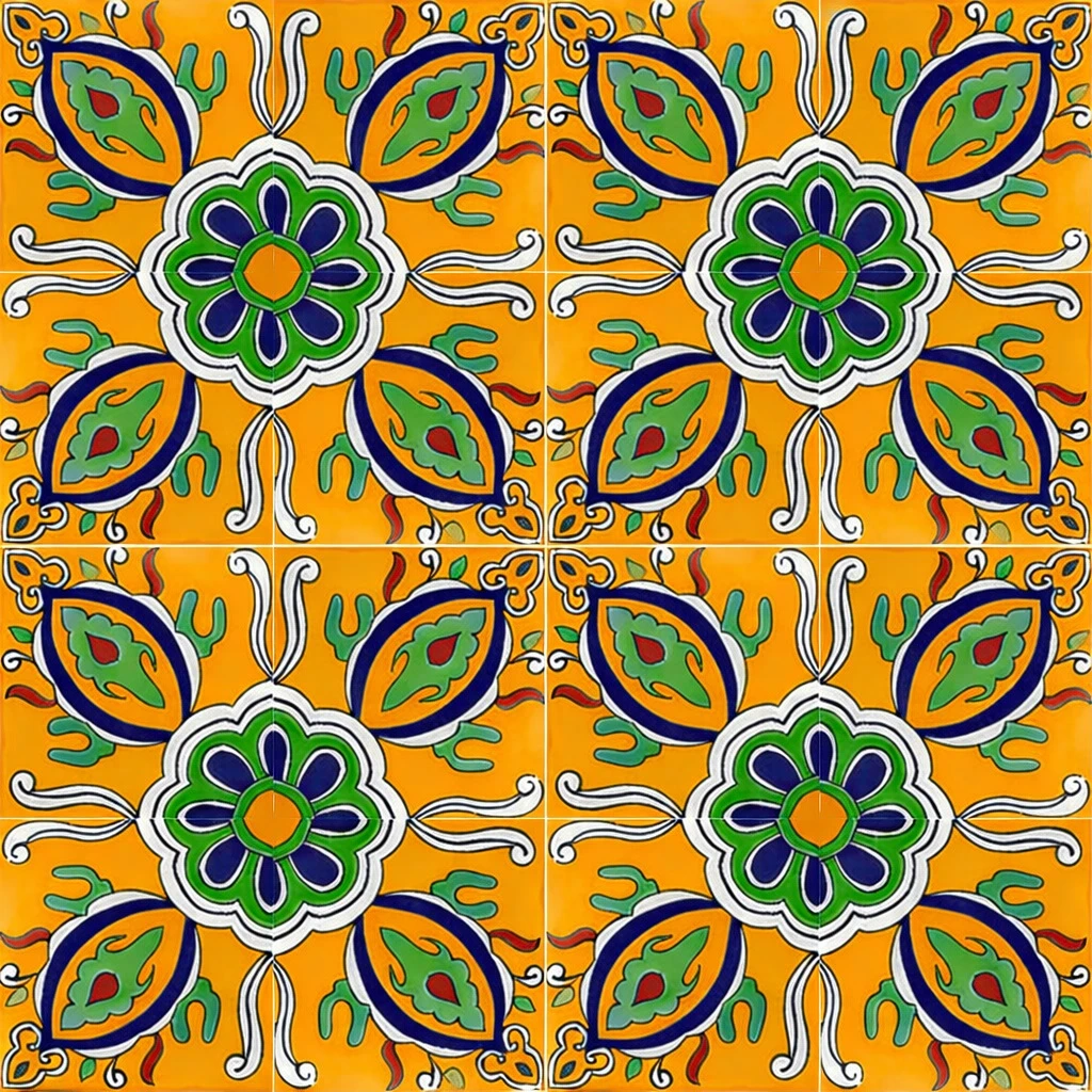 Talavera tile almond floral motif shown as a nine tile set with solid colors and clean grout lines