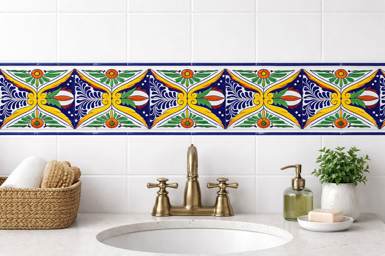 Talavera tile cross scroll botanical decorative border installed as a bathroom wall border with handcrafted detail