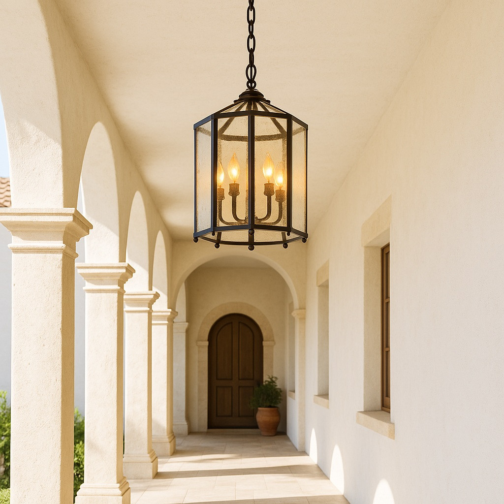 Transitional lantern chandelier with an iron frame illuminating a hacienda style corridor