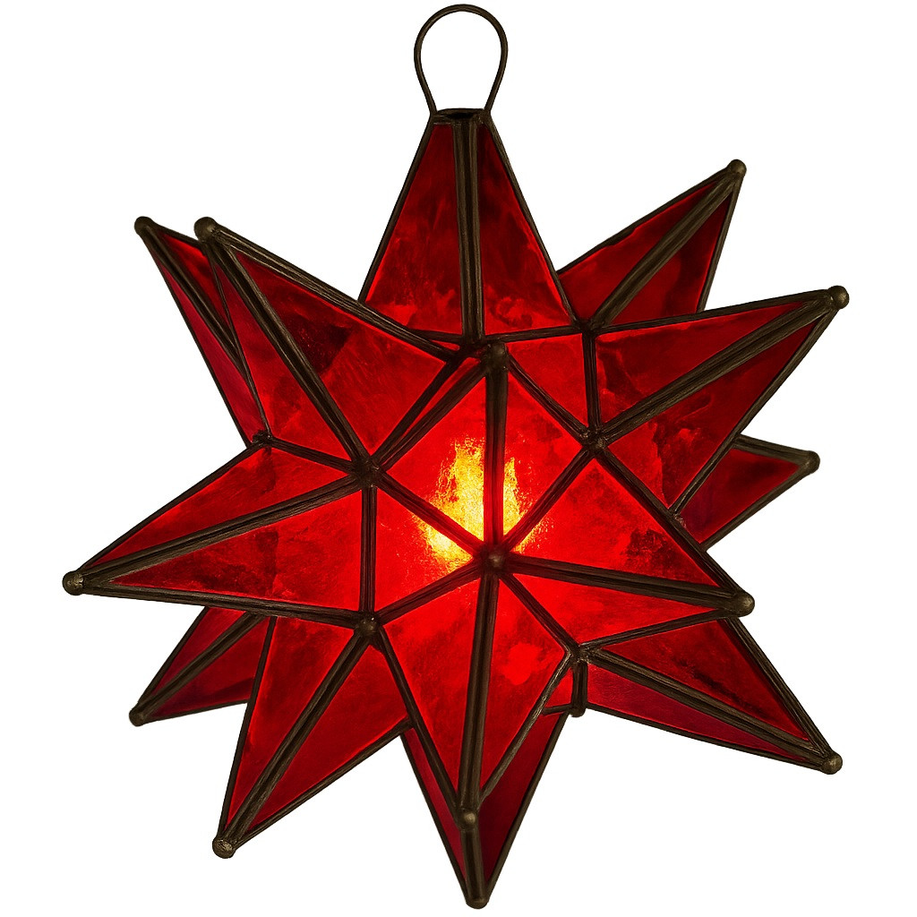 Red stained glass Moravian star lamp with light on
