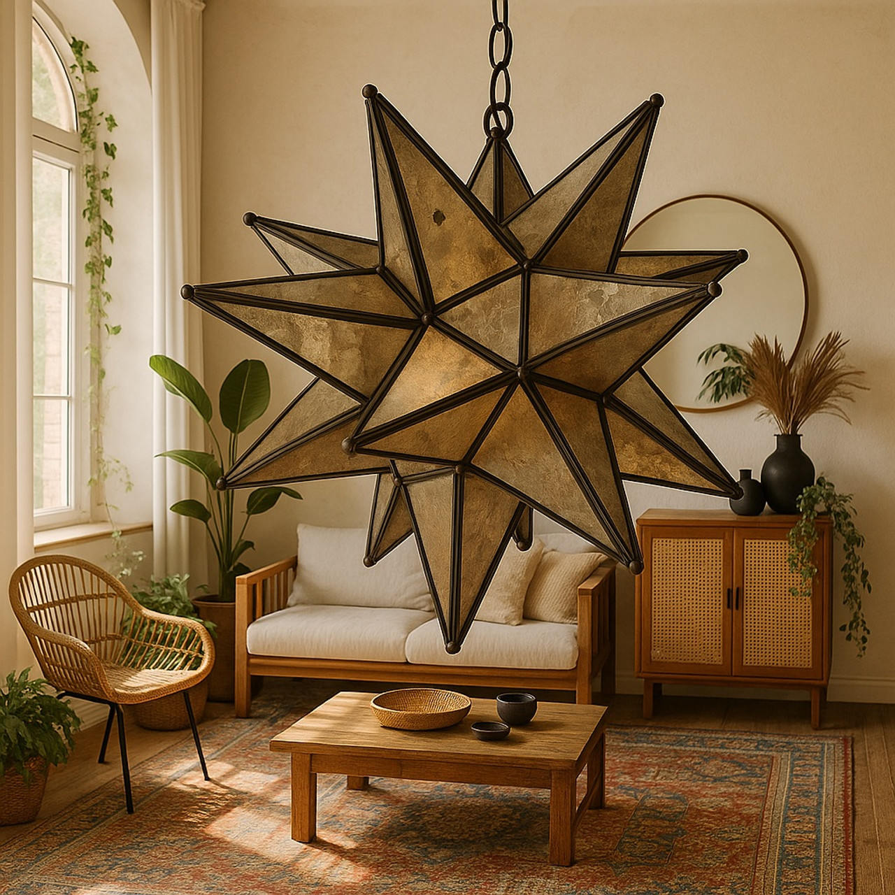 Moravian star lantern crafted from antique espejo viejo in a Bohemian style family room