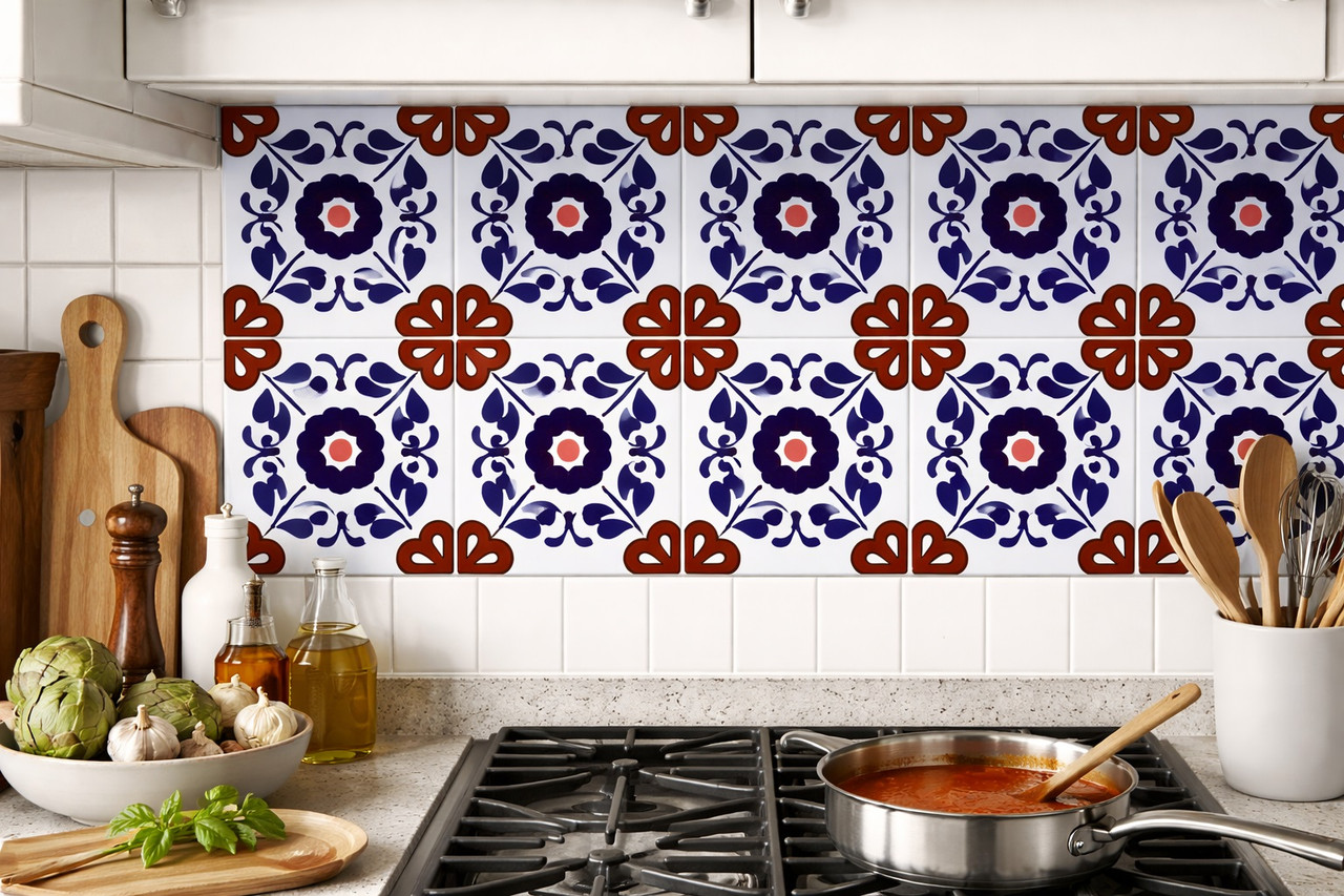 Talavera tile geometric flower corner installed as a kitchen backsplash creating a balanced and traditional accent