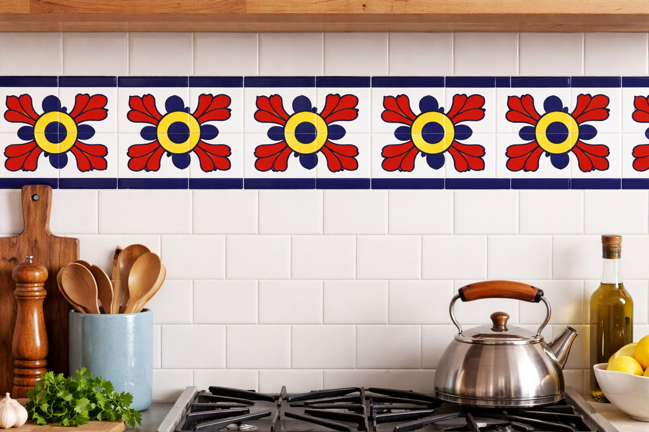 Talavera tile petal medallion decorative border design used as a kitchen backsplash accent with handcrafted character