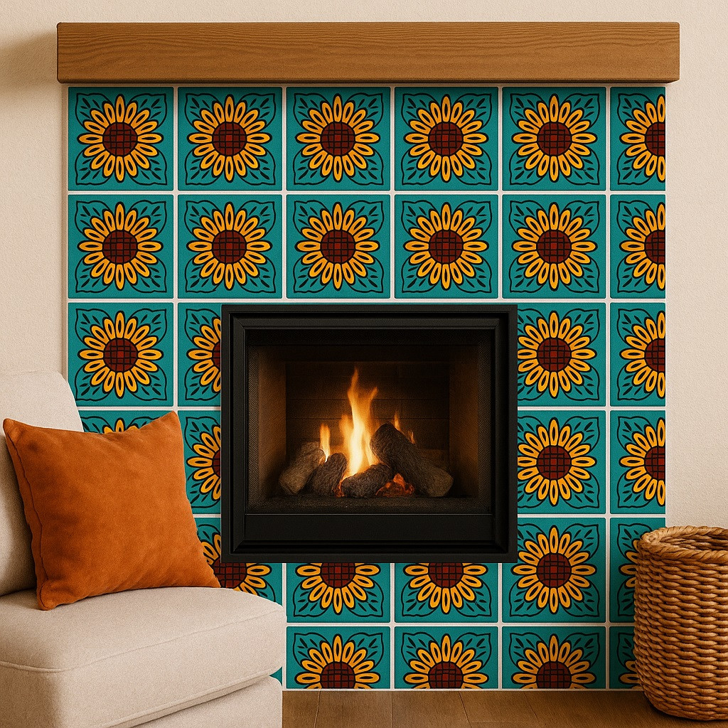 Sunflower Mexican Tile with Green Background