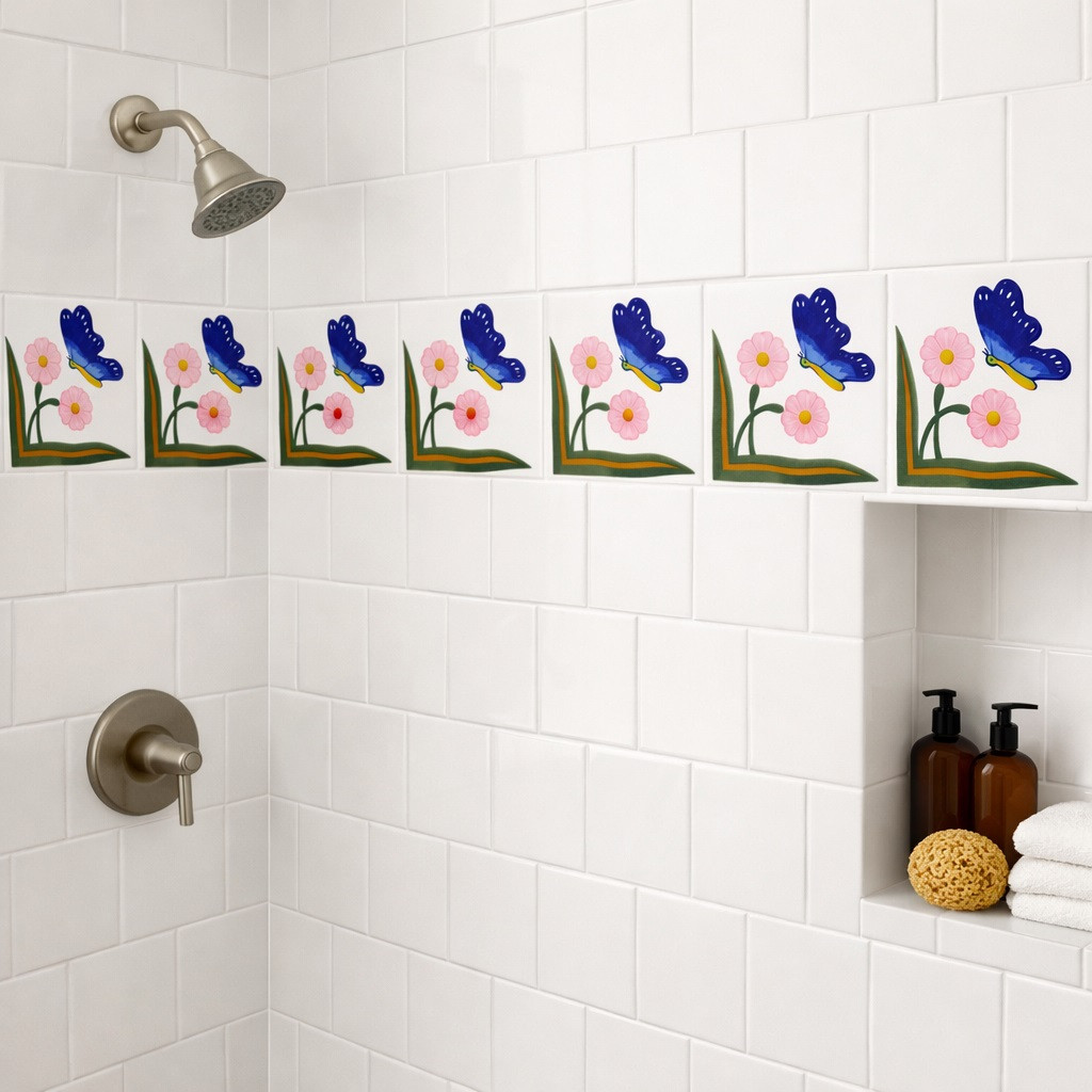 Talavera tile butterfly corner motif installed in a bathroom shower creating a refined artisan accent wall