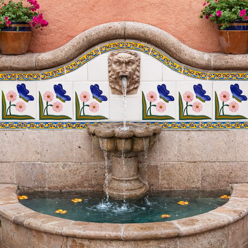 Talavera tile butterfly corner motif decorating a courtyard fountain wall with traditional Mexican style