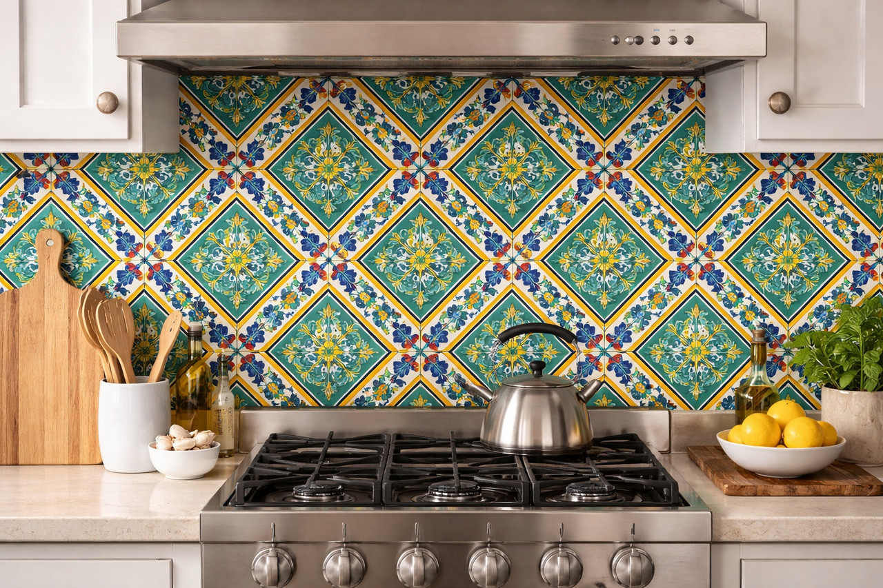 Diagonal floral border talavera tile installed in a kitchen backsplash with solid colors and clean grout
