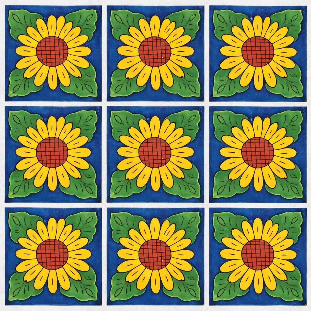 Sunflower folk mexican talavera tile nine piece set showing repeating hand painted pattern