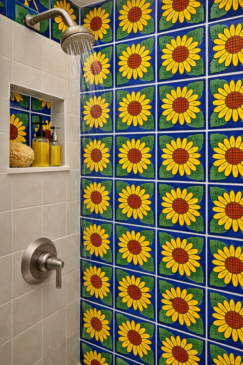 Sunflower folk mexican talavera tile used inside a bathroom shower creating a bold handcrafted focal wall