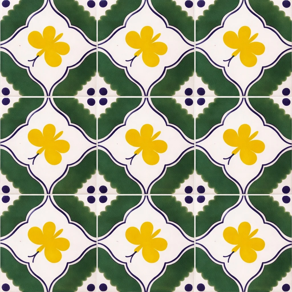 Yellow quatrefoil talavera tile displayed as a nine tile set with clean grout lines