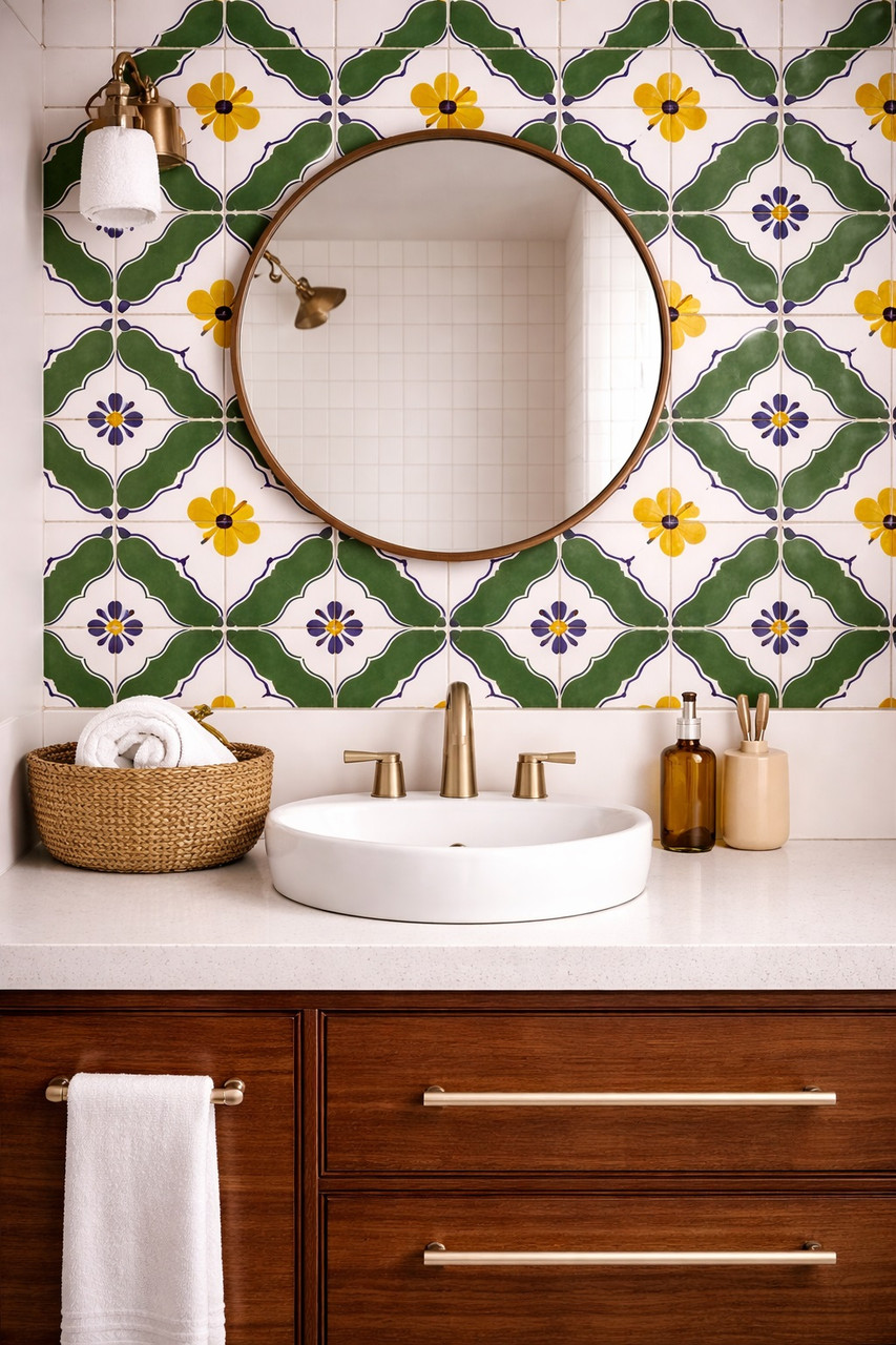 Yellow quatrefoil talavera tile accenting bathroom vanity wall with refined color contrast