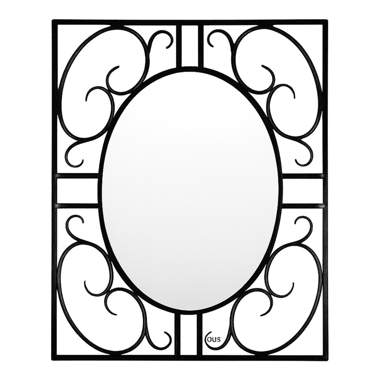 Wrought iron oval mirror with square frame scrolls with black metal finish