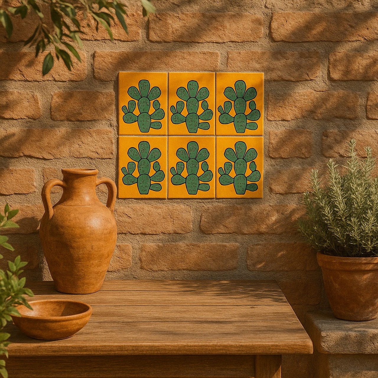 Mexican tile nopal cactus design 6x6 on yellow background decorating a sunlit patio wall, adding color and folk art charm to outdoor living spaces
