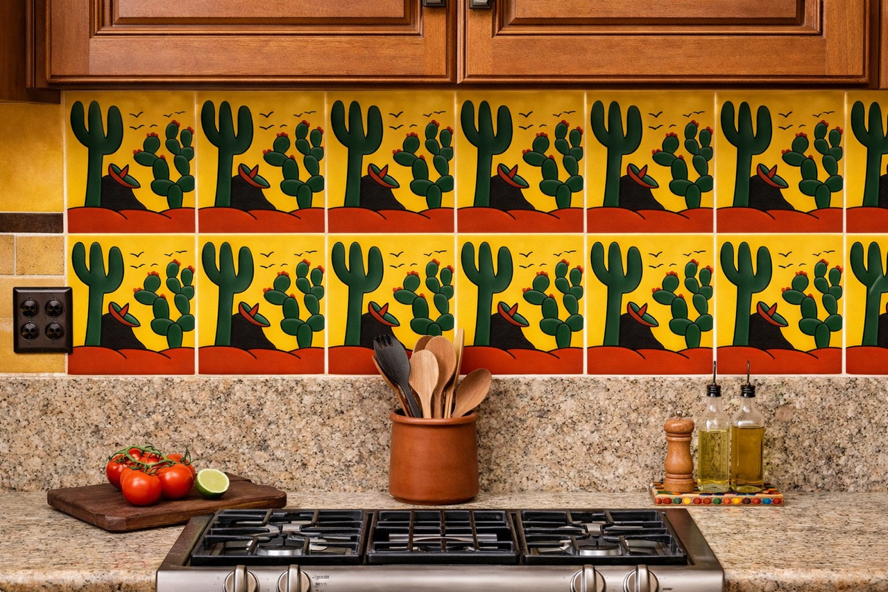 Cactus desert folk talavera tile installed in kitchen backsplash showing balanced scale and warm desert colors