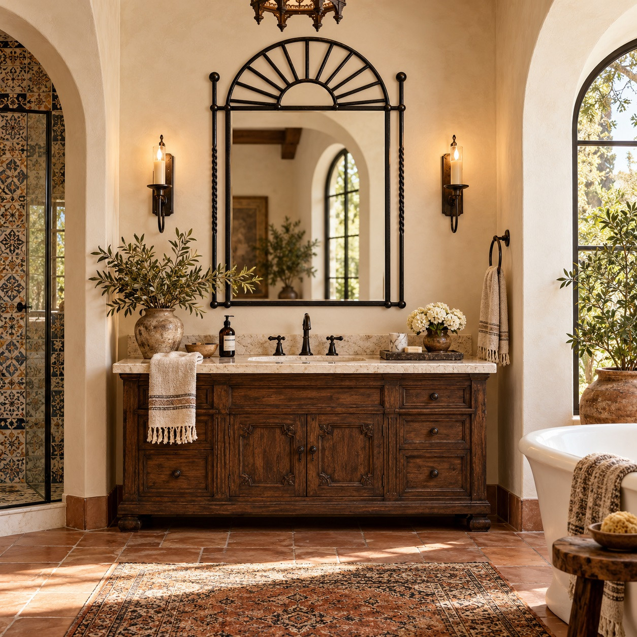 Wrought iron sunburst mirror in Spanish Revival design displayed above a bathroom vanity
