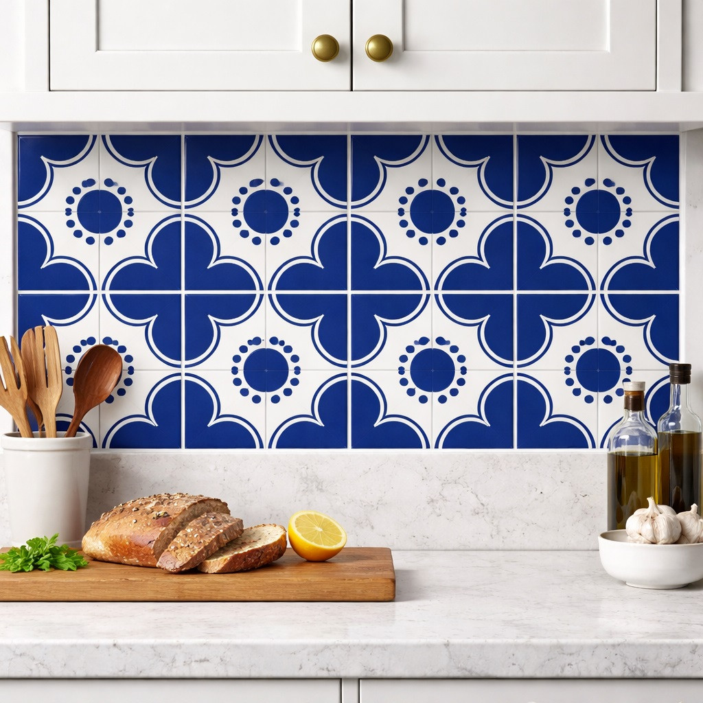Cobalt geometric medallion talavera tile installed as a kitchen backsplash with balanced pattern and crisp solid colors