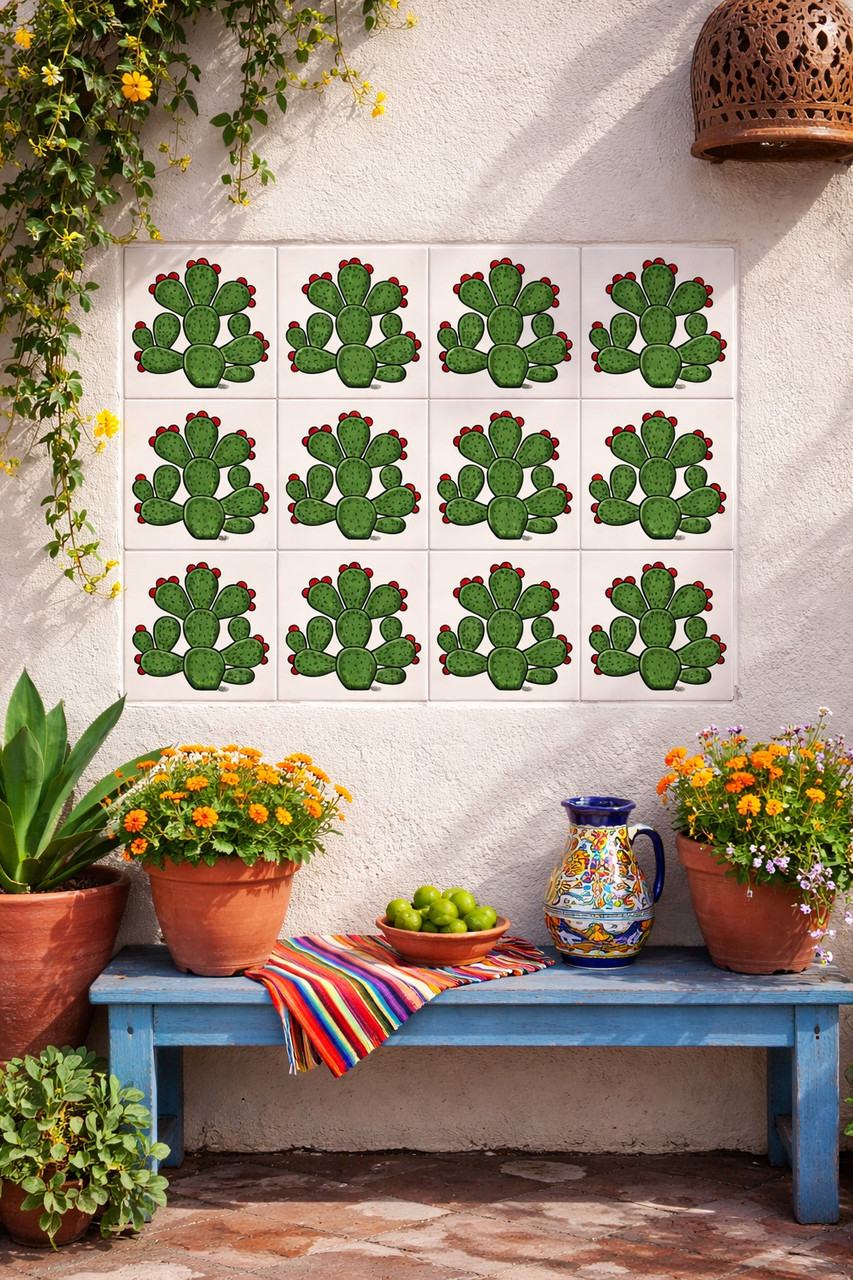 Talavera prickly pear cactus tile decorating a patio wall adding color and Mexican folk style outdoors