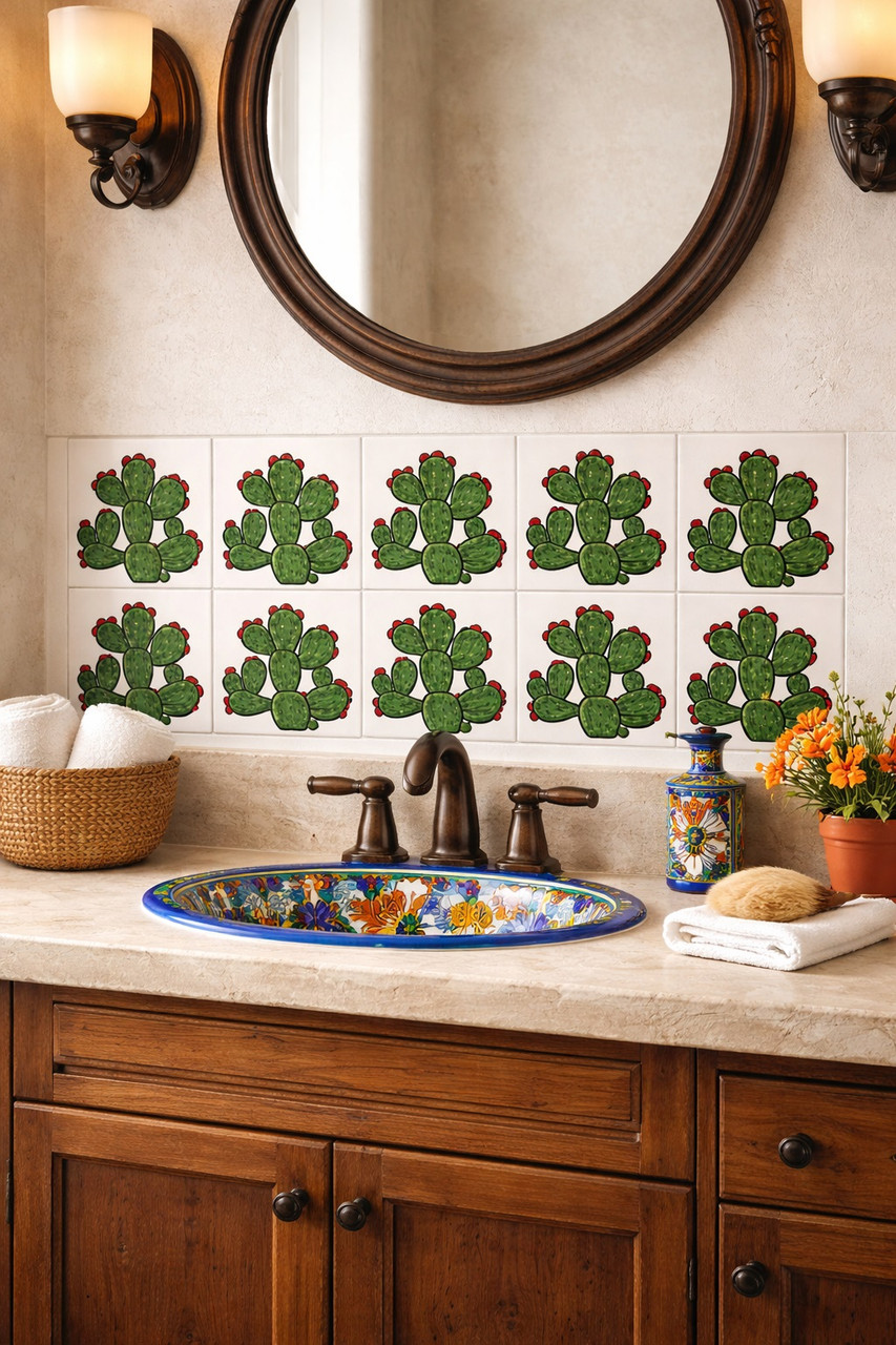 Talavera prickly pear cactus tile installed on a bathroom vanity wall with crisp grout and vivid cactus design