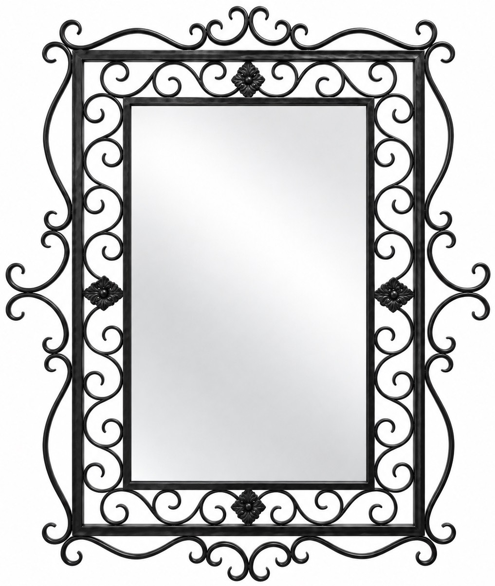 Rectangular ornate wrought iron mirror with a scrollwork frame