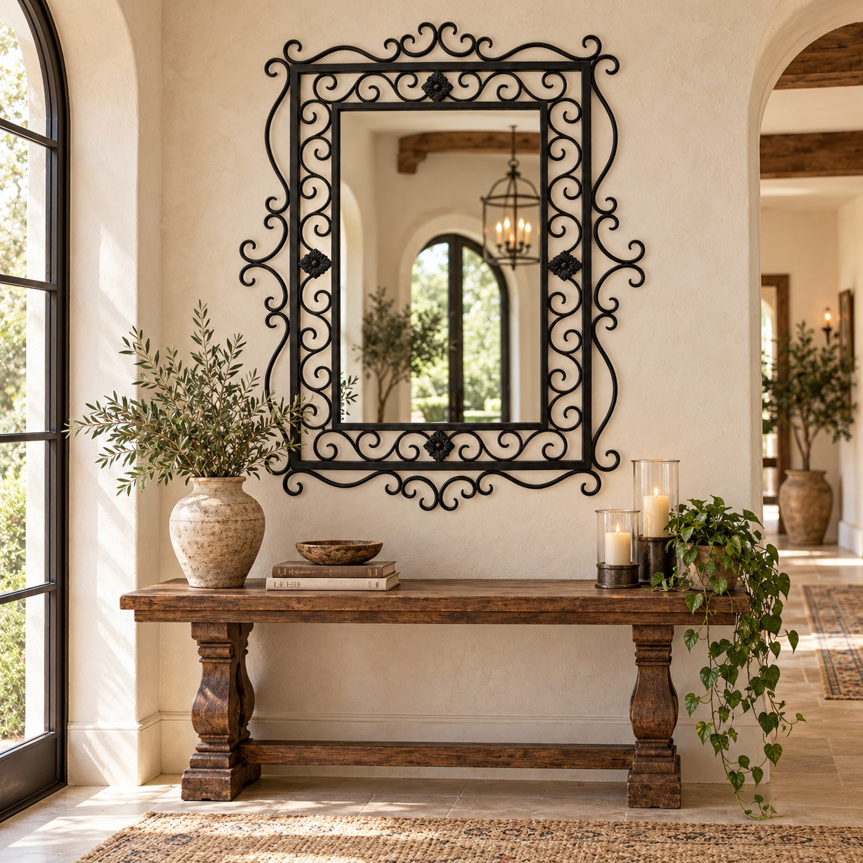 Rectangular ornate wrought iron mirror with scrollwork frame in a refined entryway