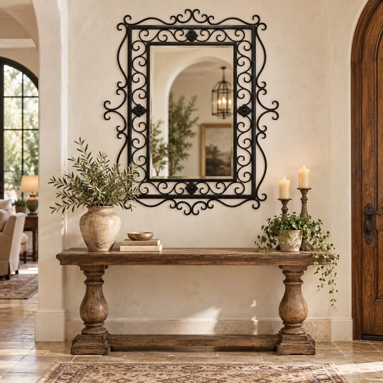 Rectangular ornate wrought iron mirror with scrollwork frame above a classic foyer console