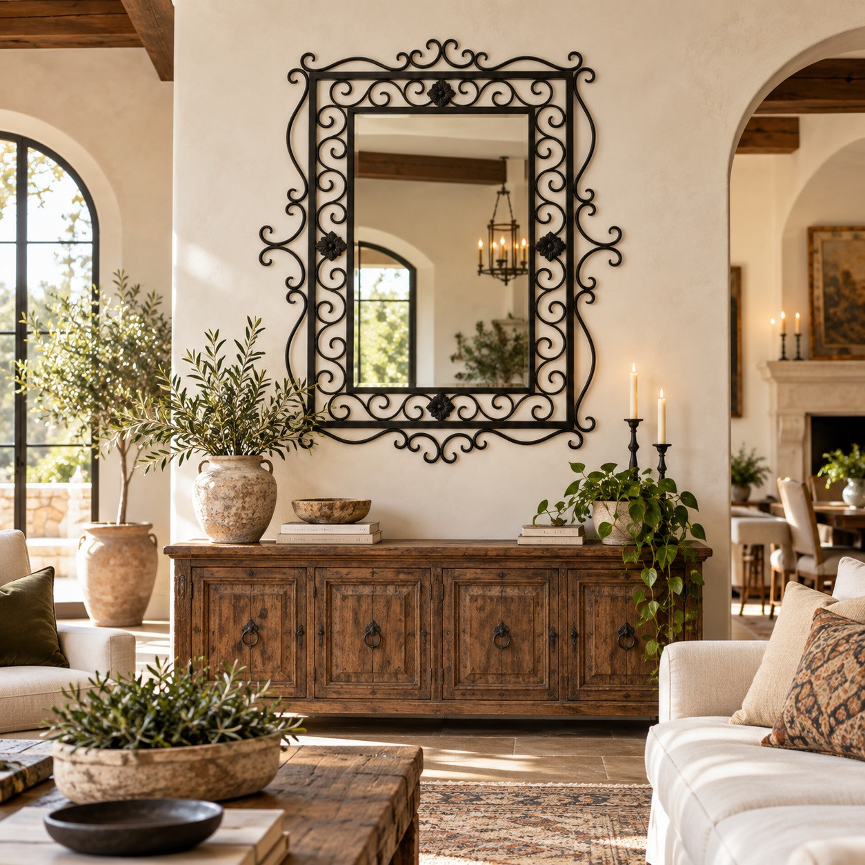 Rectangular ornate wrought iron mirror with scrollwork frame in an elegant living room