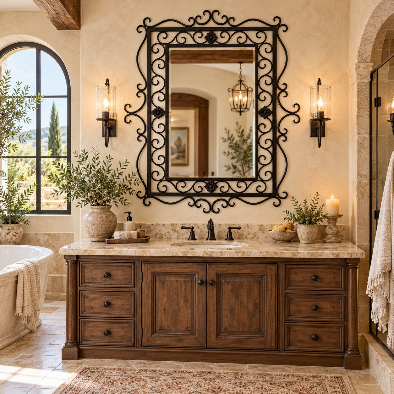 Rectangular ornate wrought iron mirror with scrollwork frame above a bathroom vanity