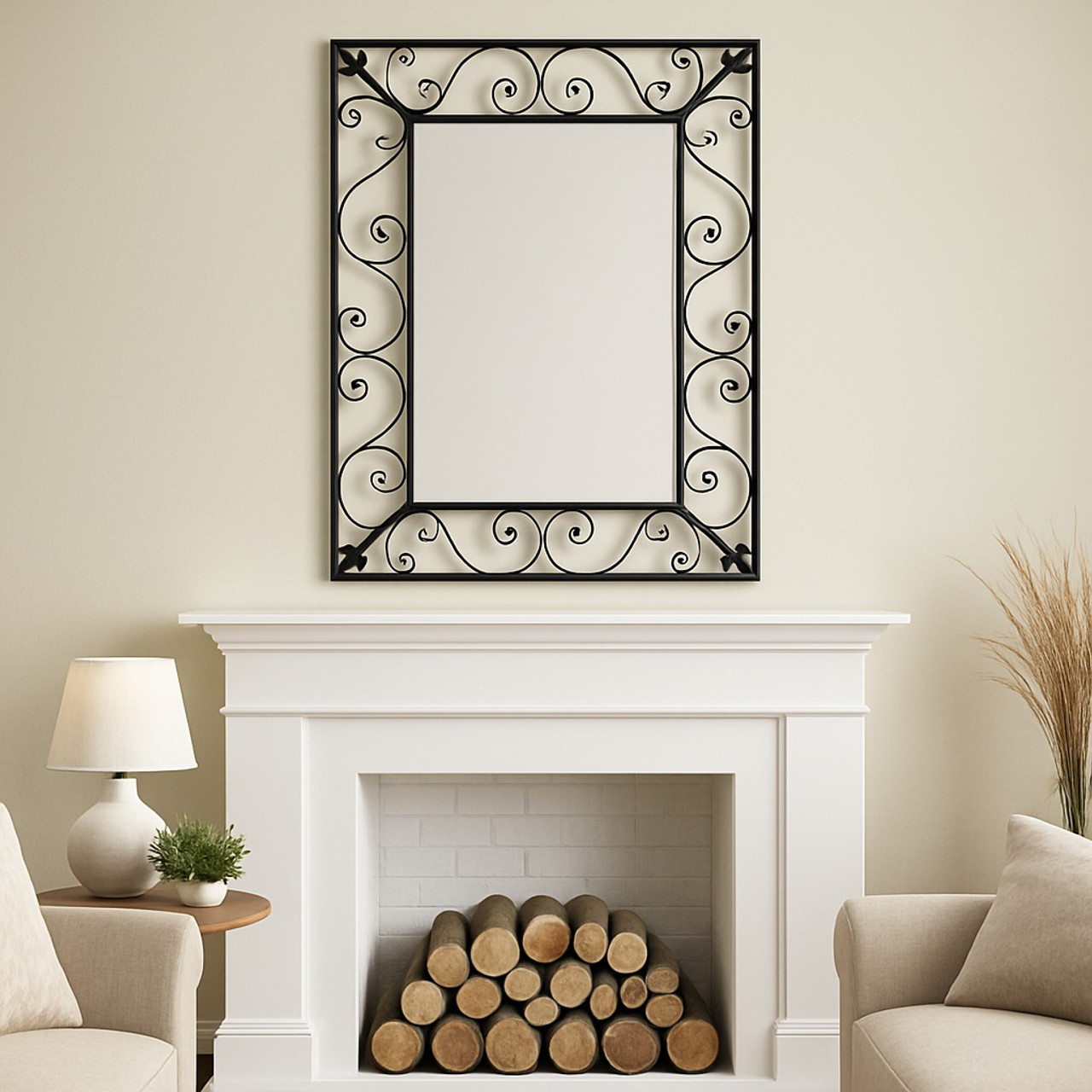 Rectangular iron mirror frame with a scrollwork design in a leving room hanged above a fireplace as the room focal point