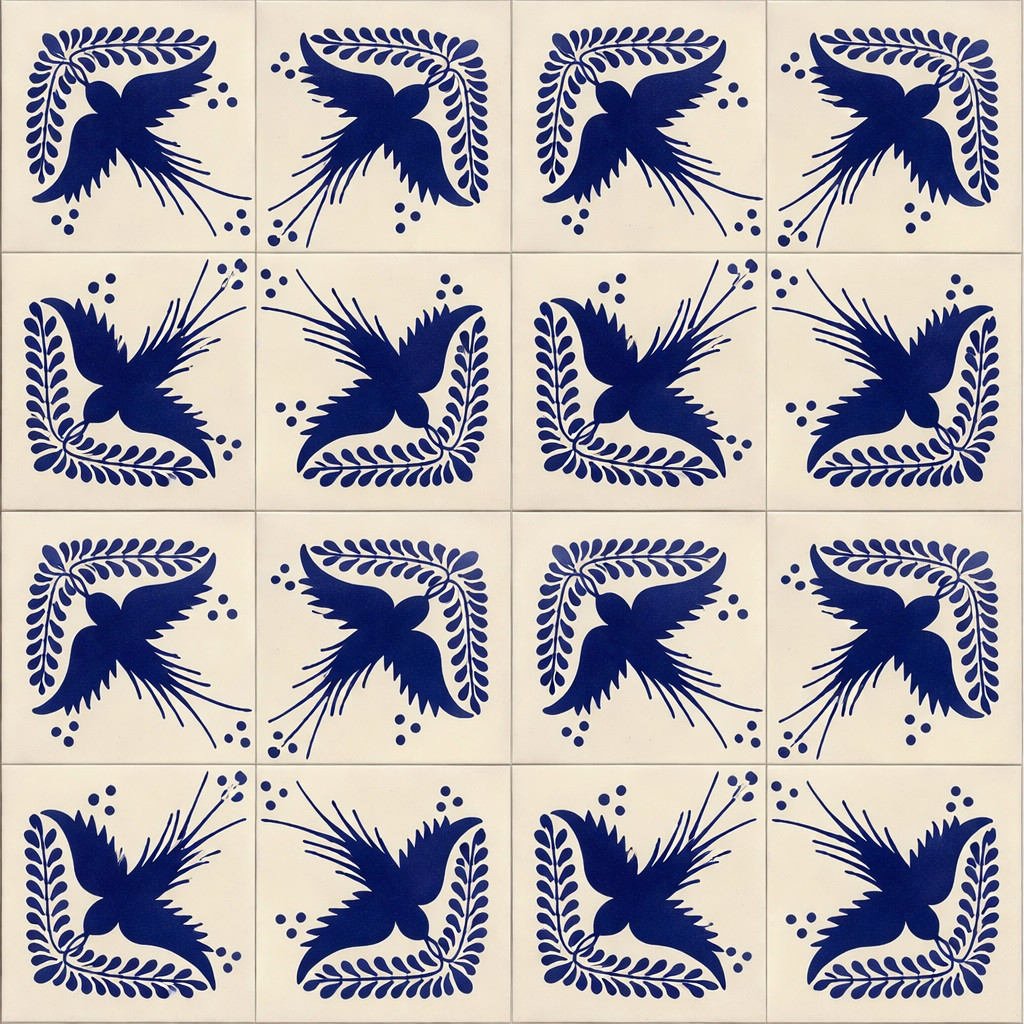 Cobalt bird talavera tile nine piece set showing continuous bird motif pattern