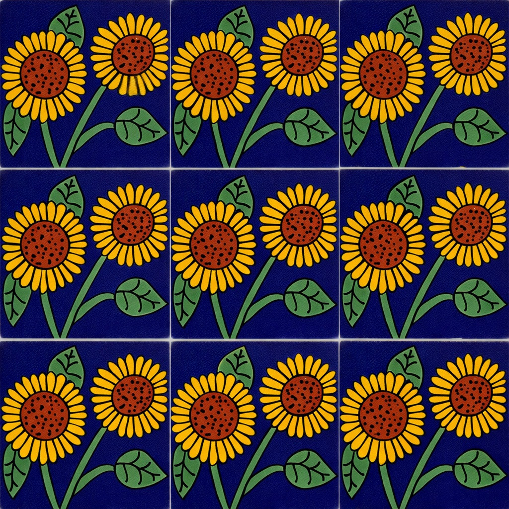 Mexican folk sunflower tile nine tile set with solid colors and clear grout lines