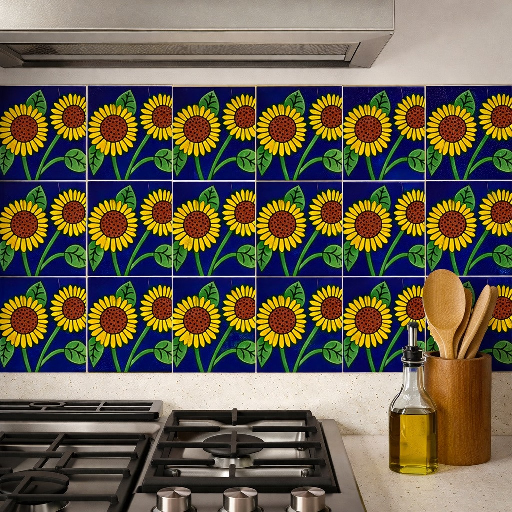 Mexican folk sunflower tile used in a bright kitchen backsplash with four by four inch tiles