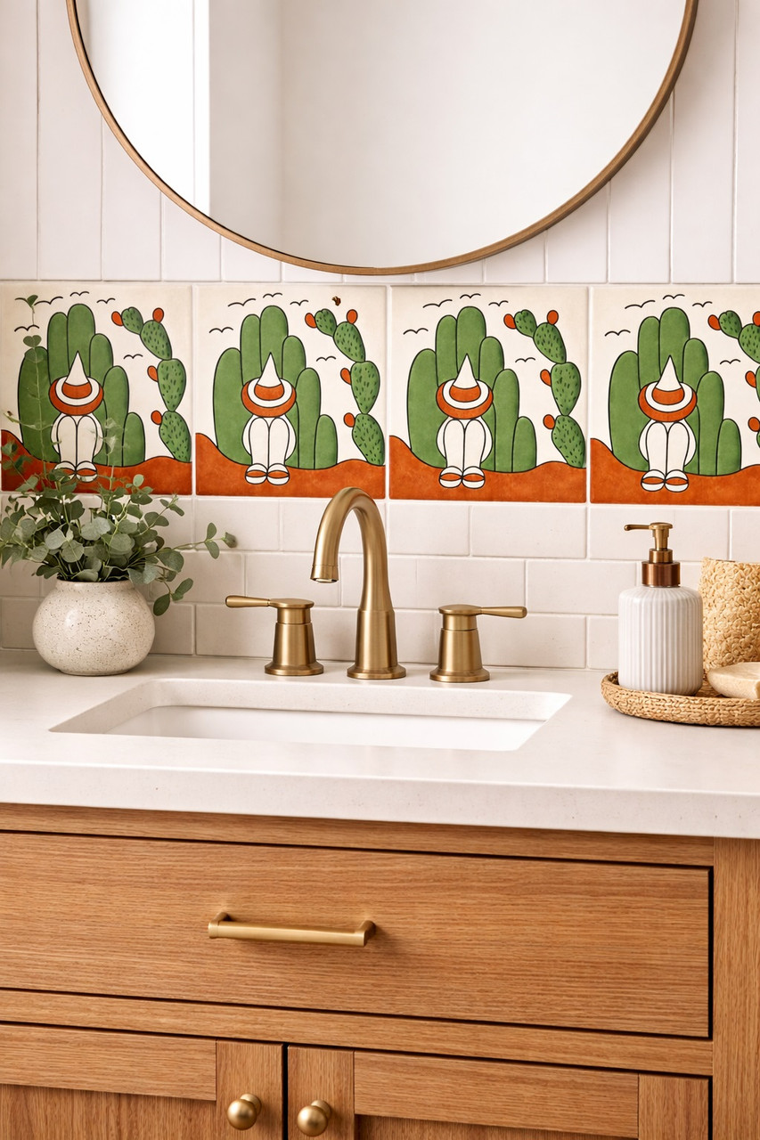 Folk cactus figure talavera tile featured behind bathroom vanity adding color and handcrafted character