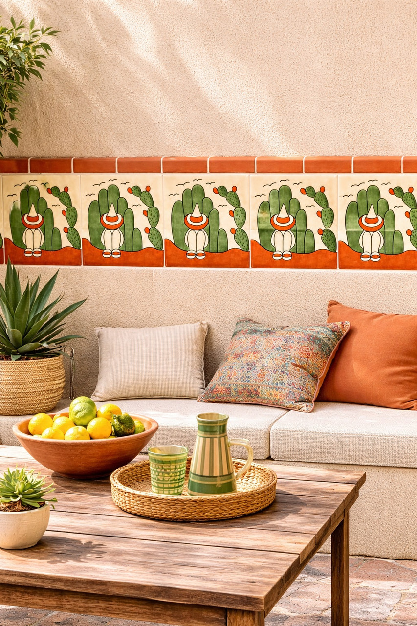 Folk cactus figure talavera tile applied on patio wall enhancing outdoor space with Mexican folk style