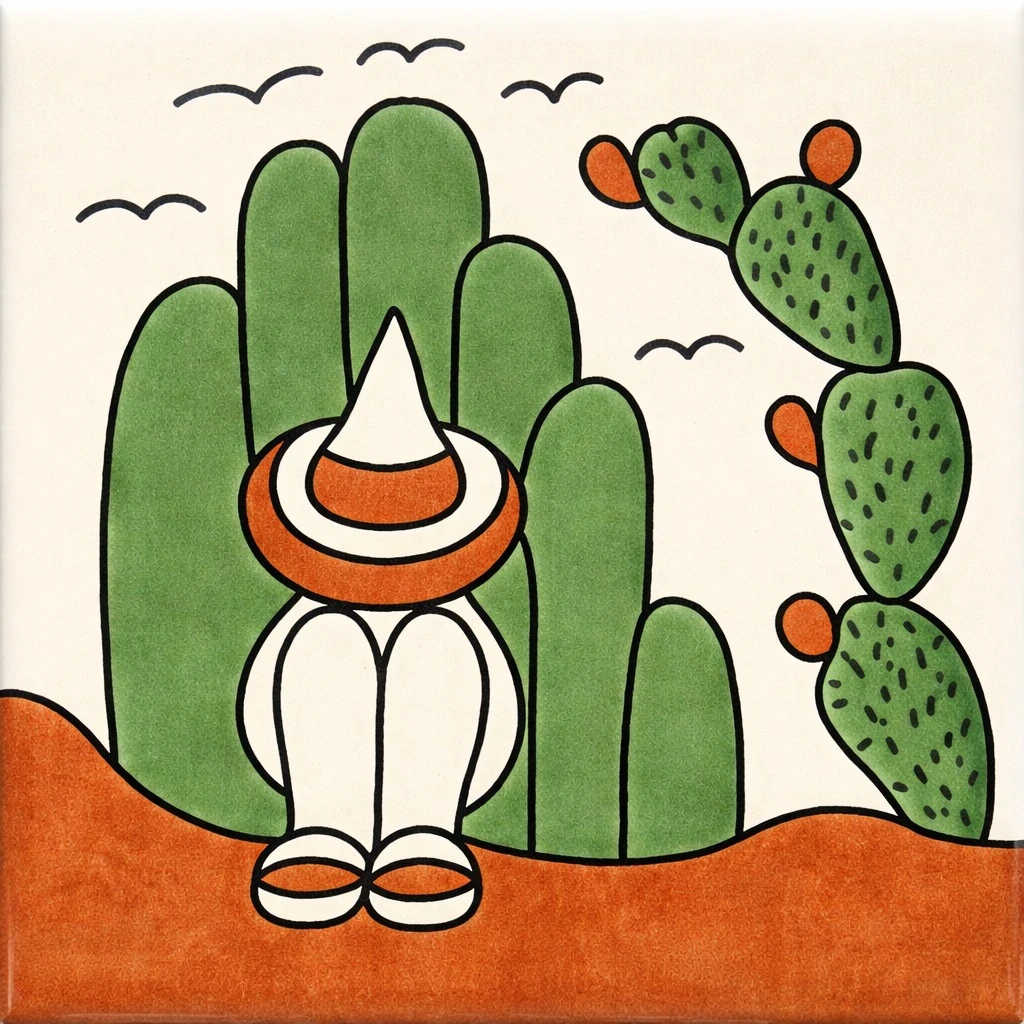 Folk cactus figure talavera tile