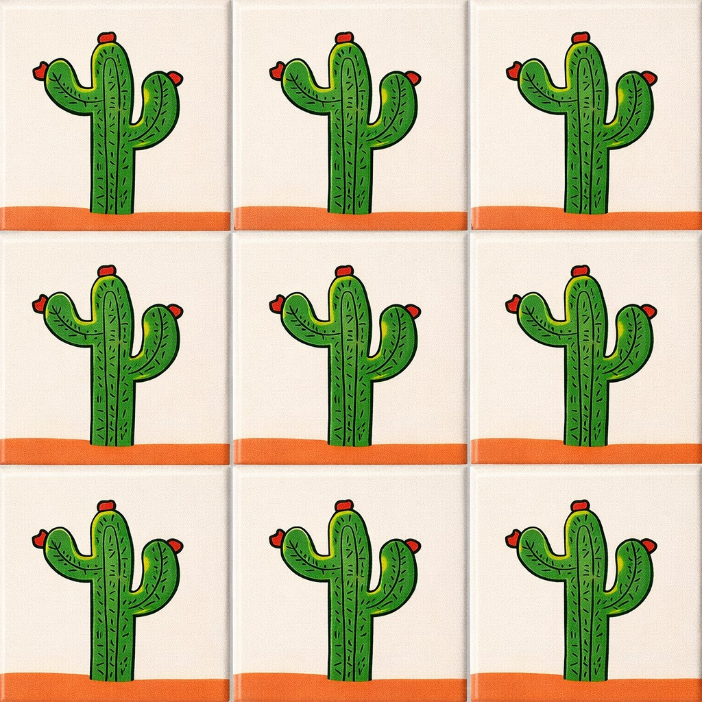 Green cactus mexican tile design shown in a nine tile grid with clean grout lines