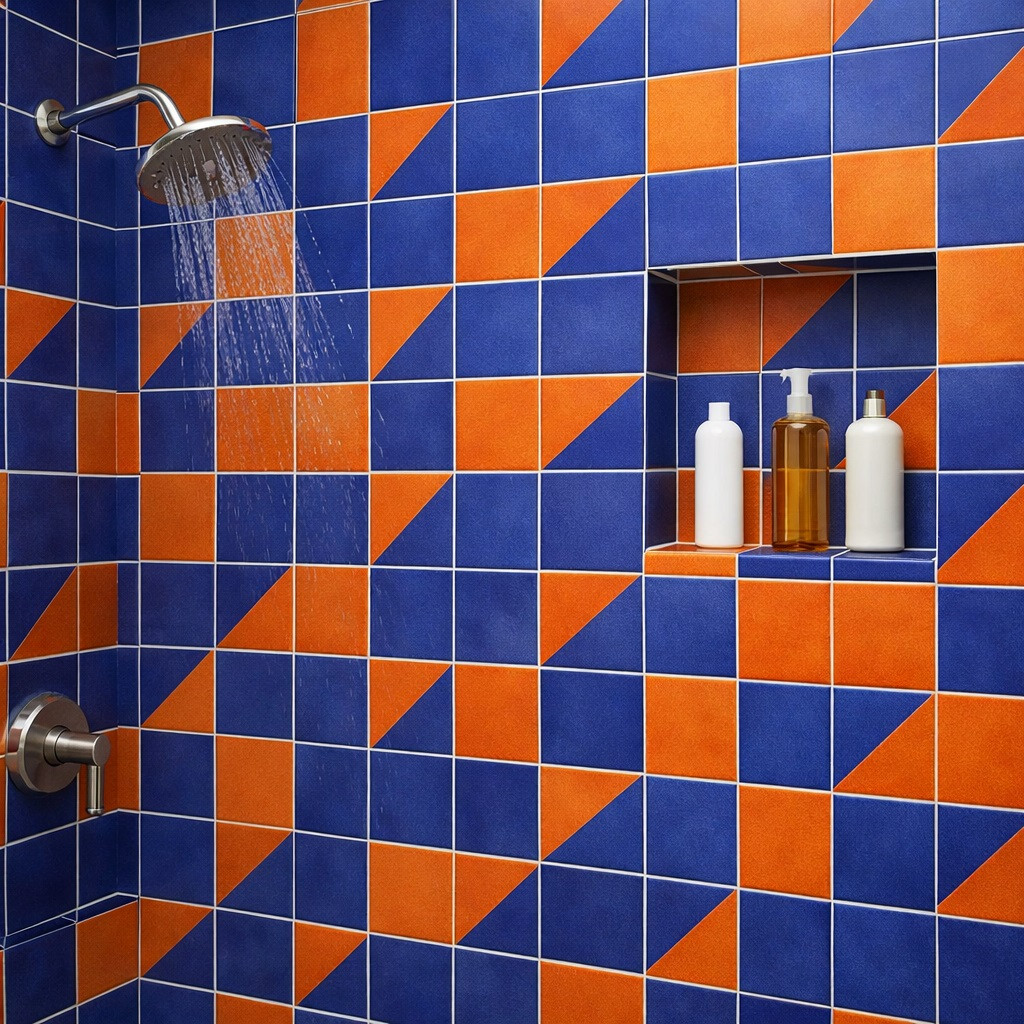 Diagonal cobalt terracotta mexican tile installed on bathroom shower wall creating dynamic diagonal movement